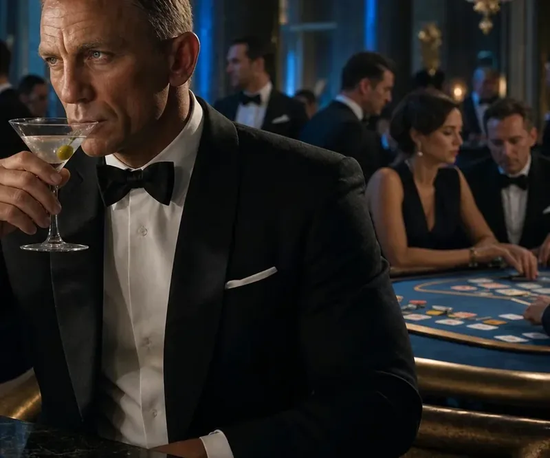 Baccarat asztal profi krupiéval Bond dekorációk között