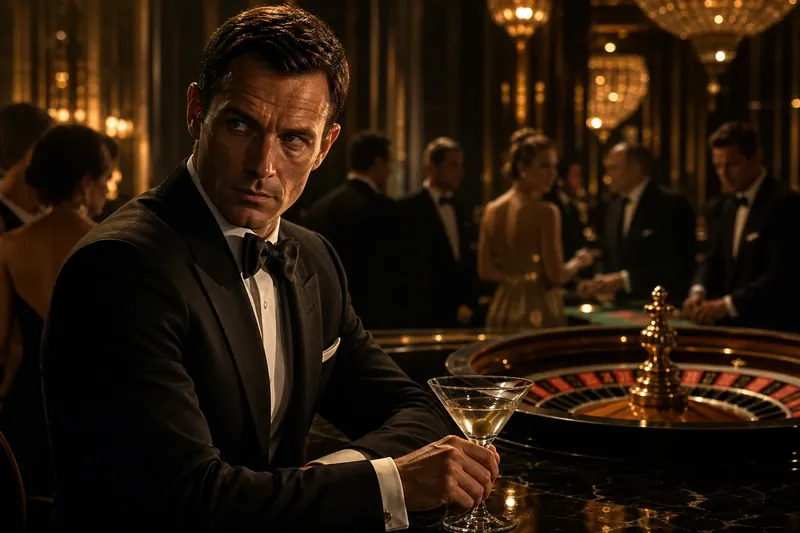 James Bond elegáns kaszinó est martini és fekete öltöny hangulat
