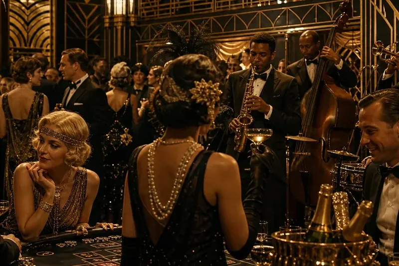 Art deco arany és fekete dekorációk Nagy Gatsby esten