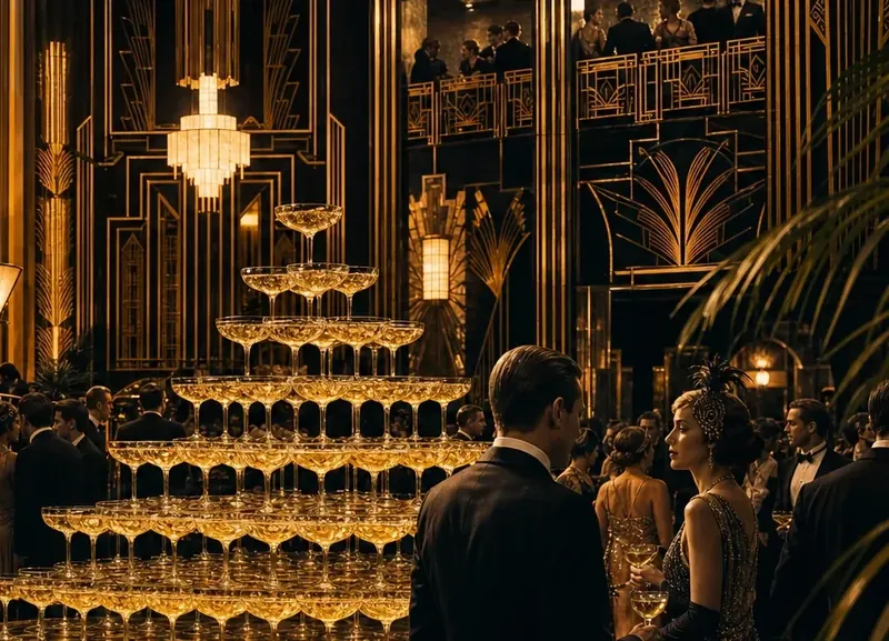 Élő jazz zenekar Gatsby tematikus esten arany fények alatt