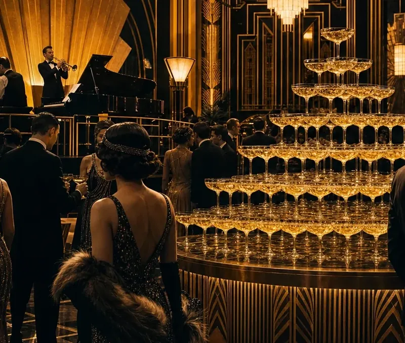 Rulett asztal profi krupiéval Gatsby dekorációk között