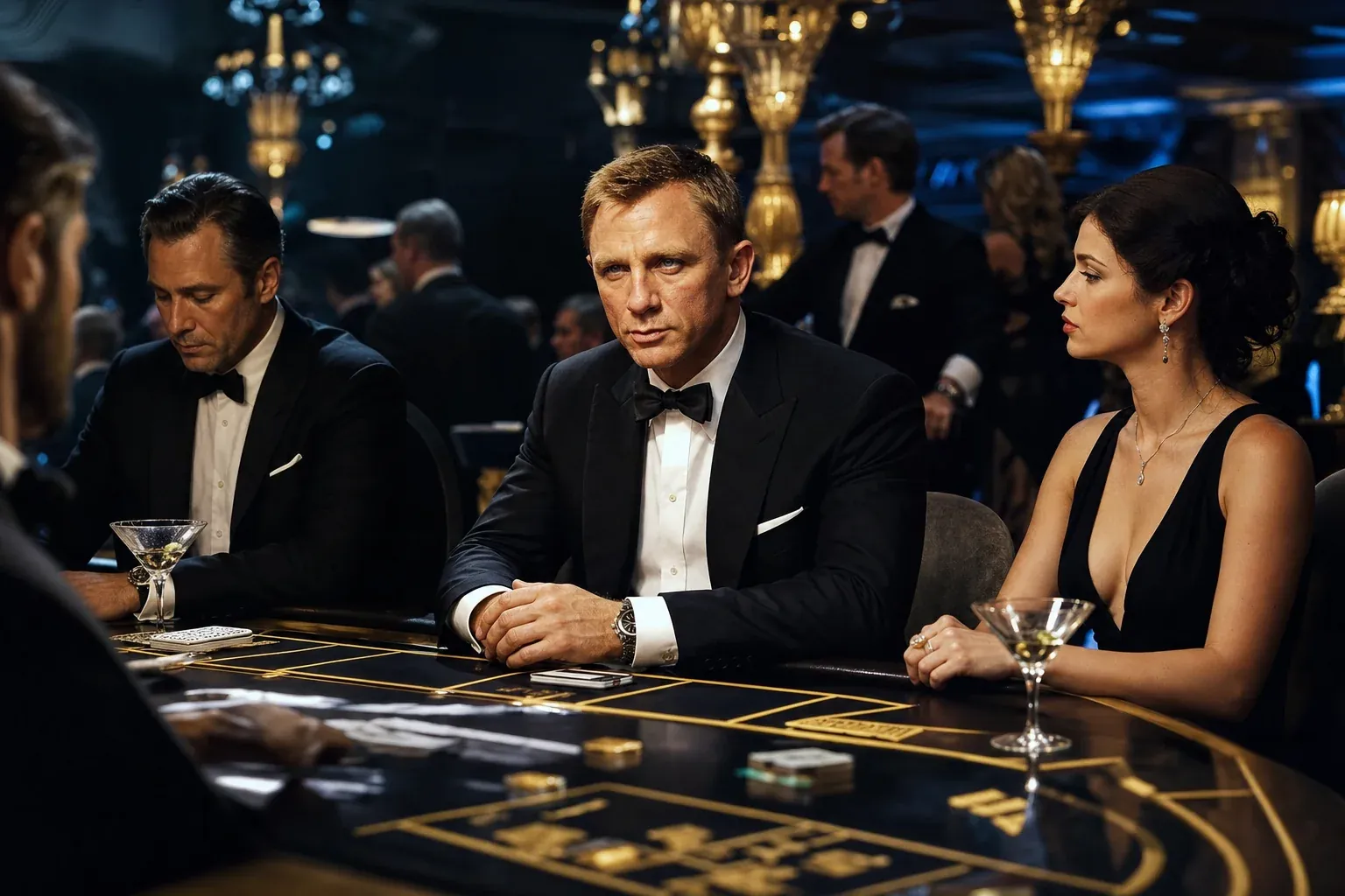 James Bond tematikus kaszinó est elegáns dekorációkkal és martini bárral