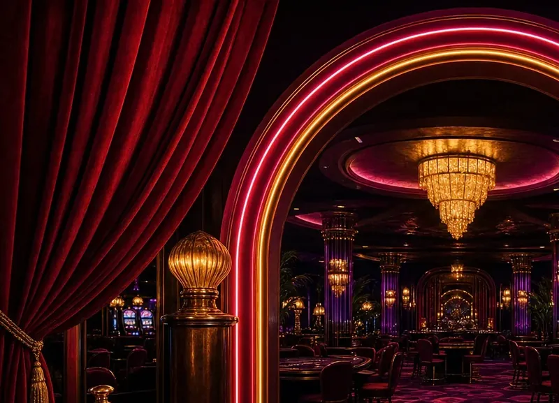 Casino neon bejárat piros és arany fényekkel Szegeden