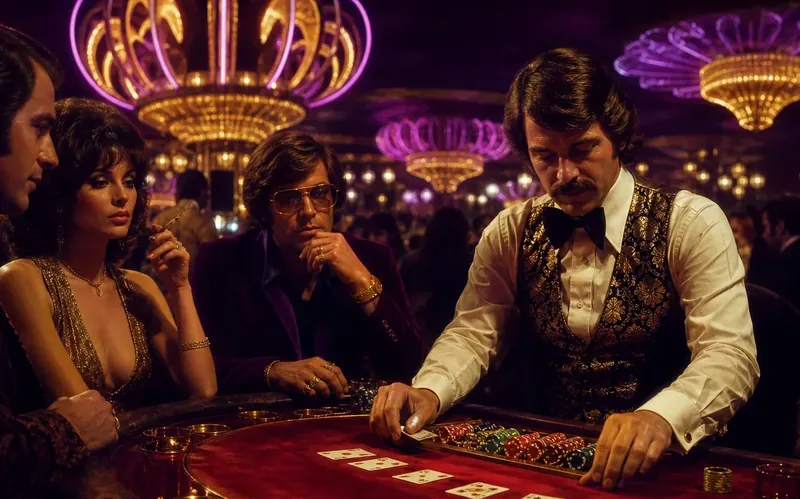 Piros bársony függönyök és arany keretek Casino dekorációban