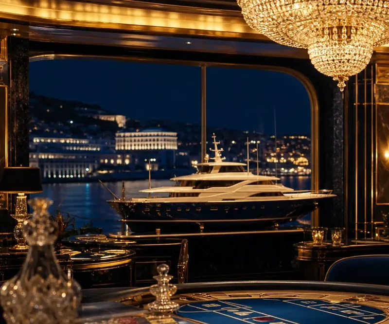 Baccarat asztal kristálycsillár alatt Monte-Carlo esten