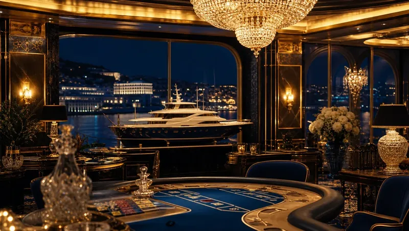 Teljes Monte-Carlo kaszinó terem dekoráció bársony függönyökkel